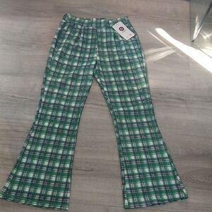 Chic Green Plaid Flare Pants
